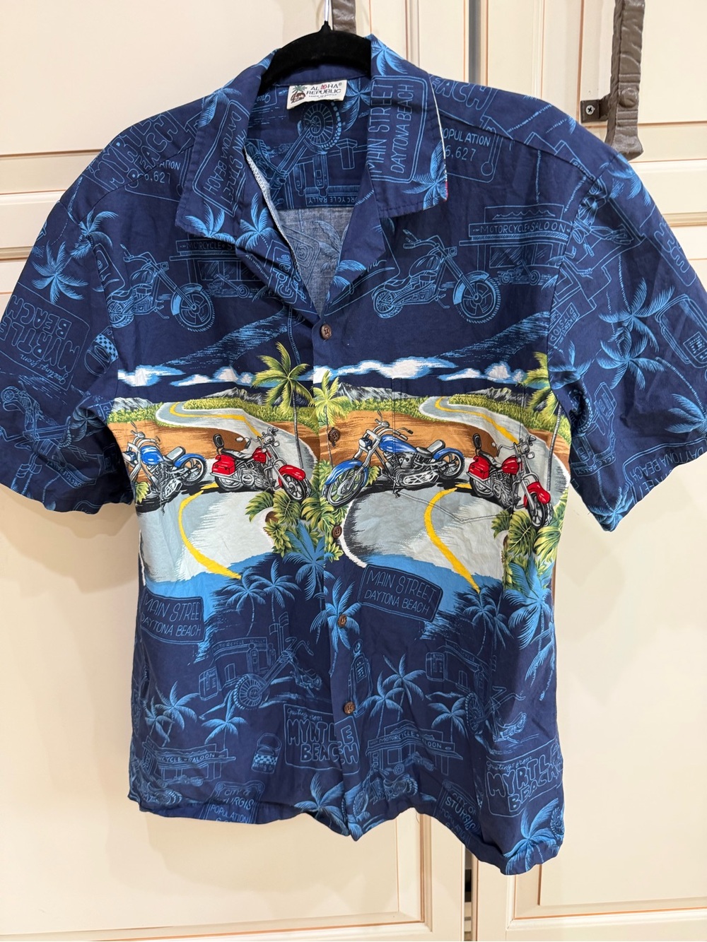 VTG ALOHA REPUBLIC Motorcycles Saloon Hawaiian Shirt Daytona Beach
